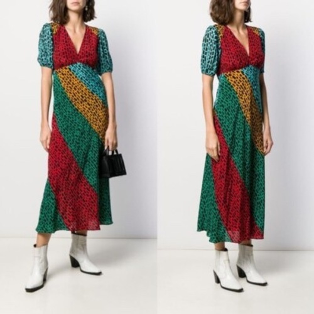 Rixo London Amber Multicolor Abstract Geometric V-Neck Puff Sleeve Midi Dress L